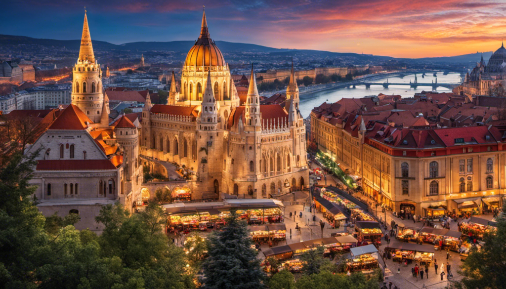 An image featuring a bustling Budapest market scene, full of vibrant colors, diverse goods like fruits, spices, crafts, and bustling crowds, with the iconic Fisherman's Bastion in the background